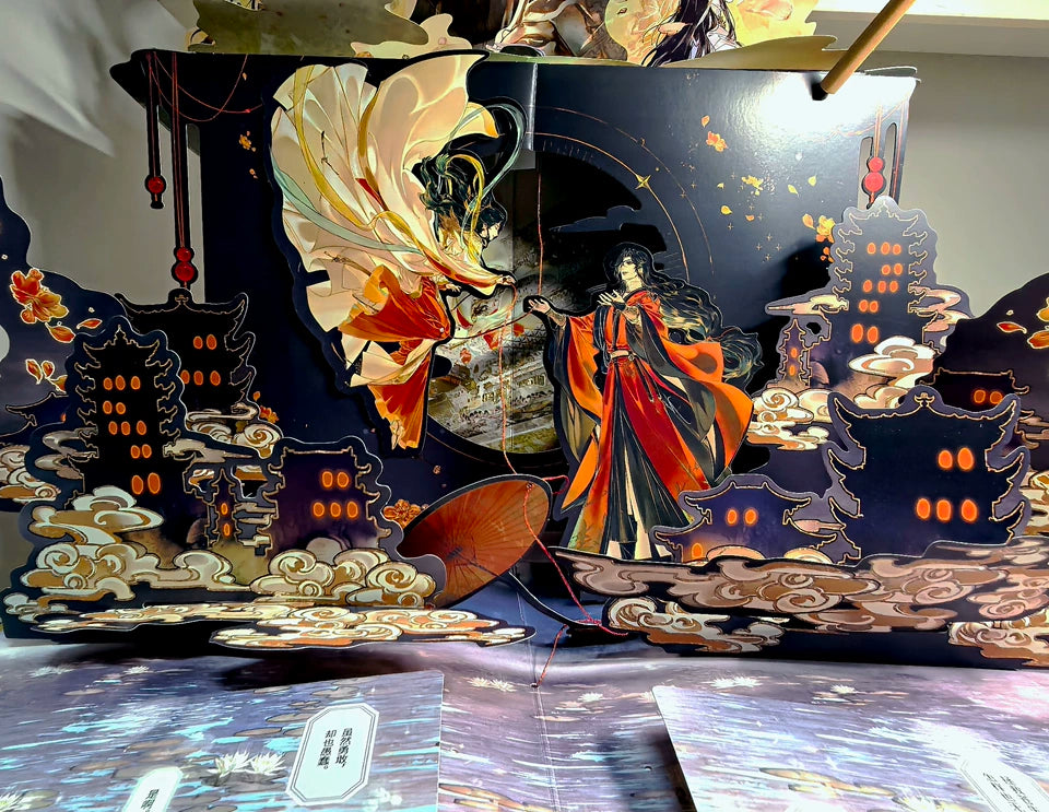 TGCF pop-up book layered shrine scene with Hua Cheng and Xie Lian
