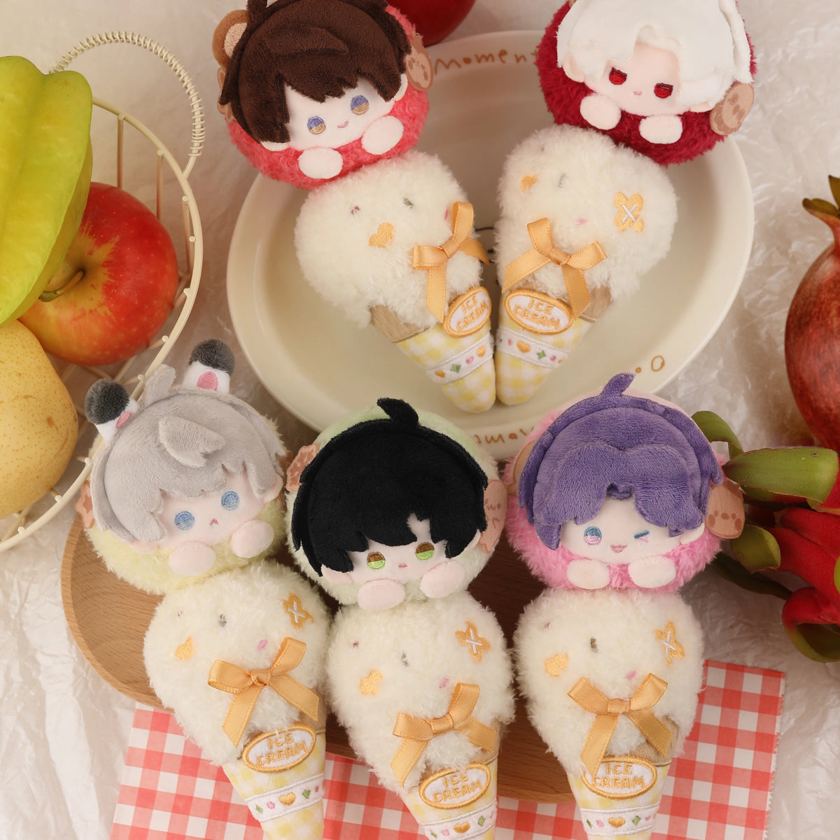 Love and Deepspace magnetic ice cream plush charms five designs in a plate with fruit