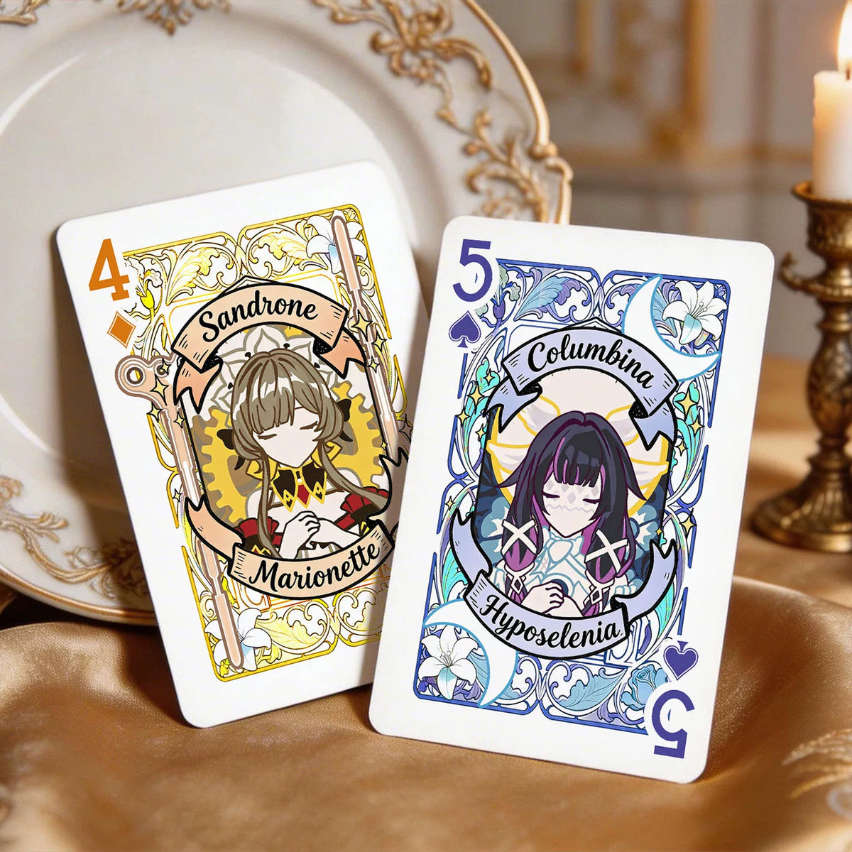 Genshin Impact fan-made playing cards Sandrone and Columbina held in hand