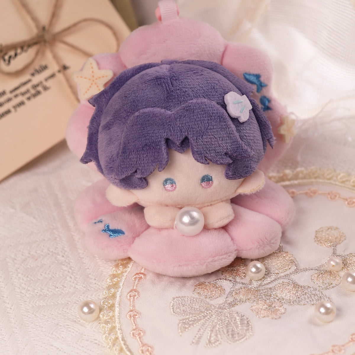 Love and Deepspace hug sandwich plush doll purple hair in pink flower bun with pearl