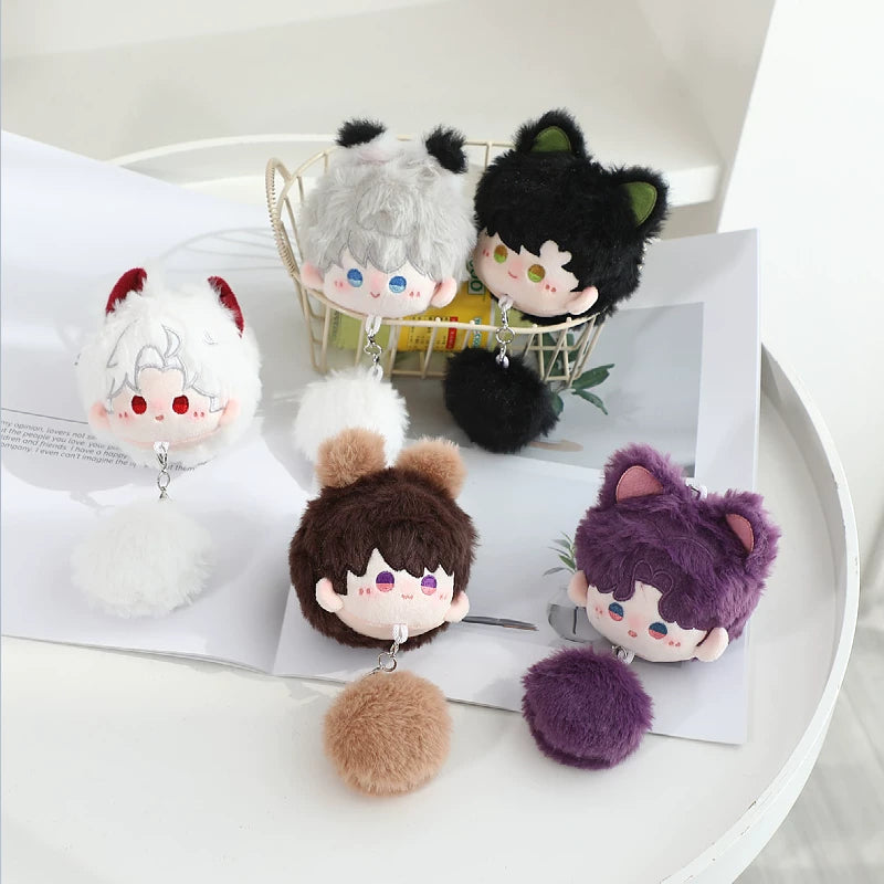 Love and Deepspace Pom-Pom plush charms five character heads displayed together