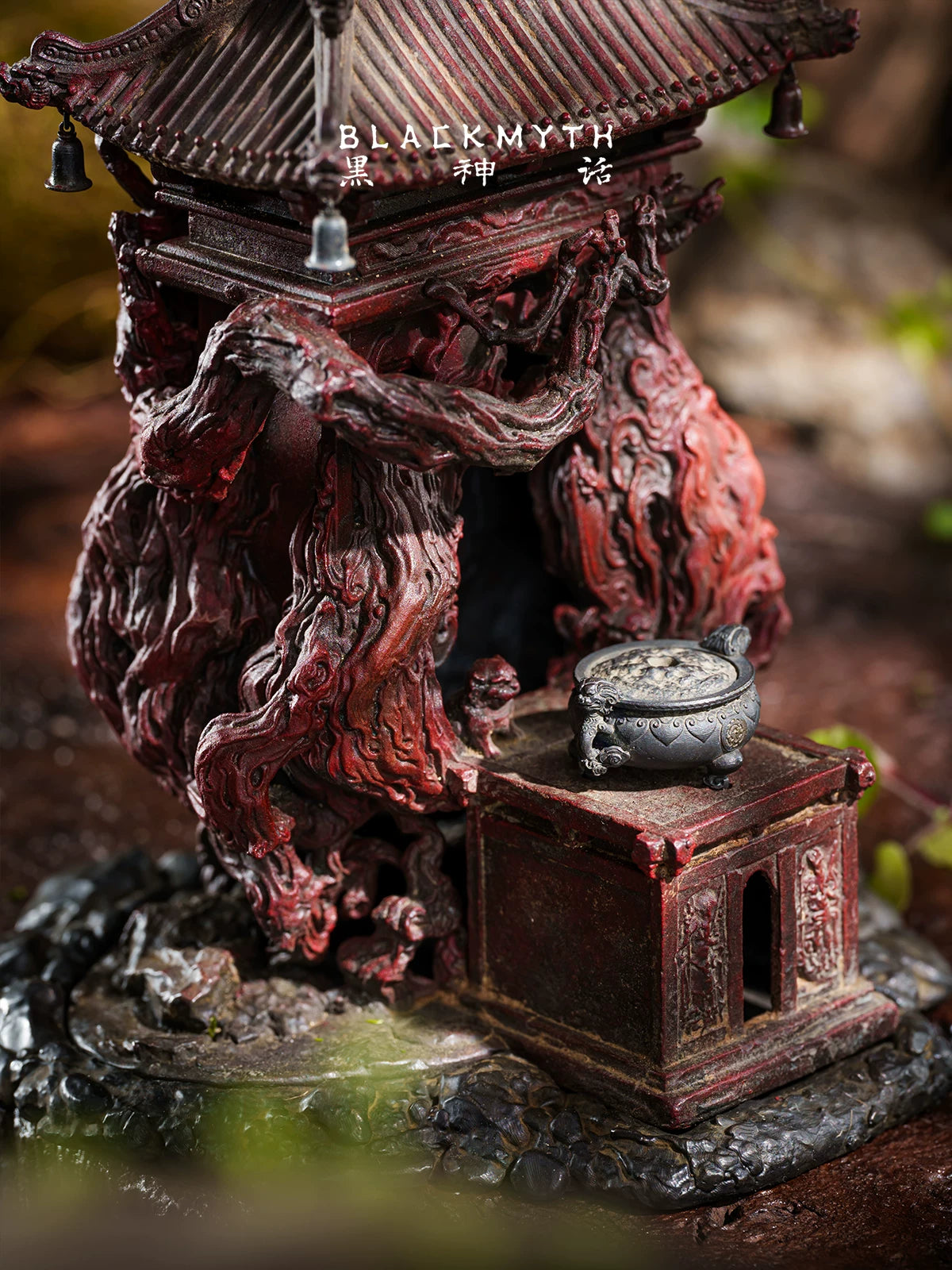 Black Myth: Wukong Black Wind Mountain Land God Shrine incense burner base and roots close-up