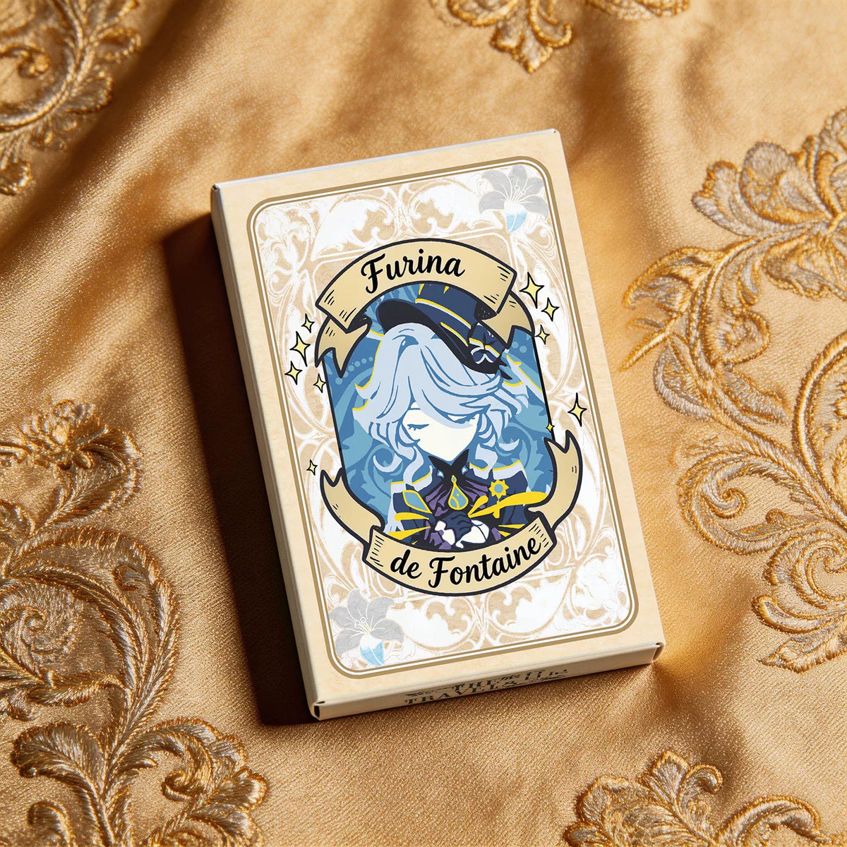 Genshin Impact fan-made playing cards Furina deck stacked on gold cloth