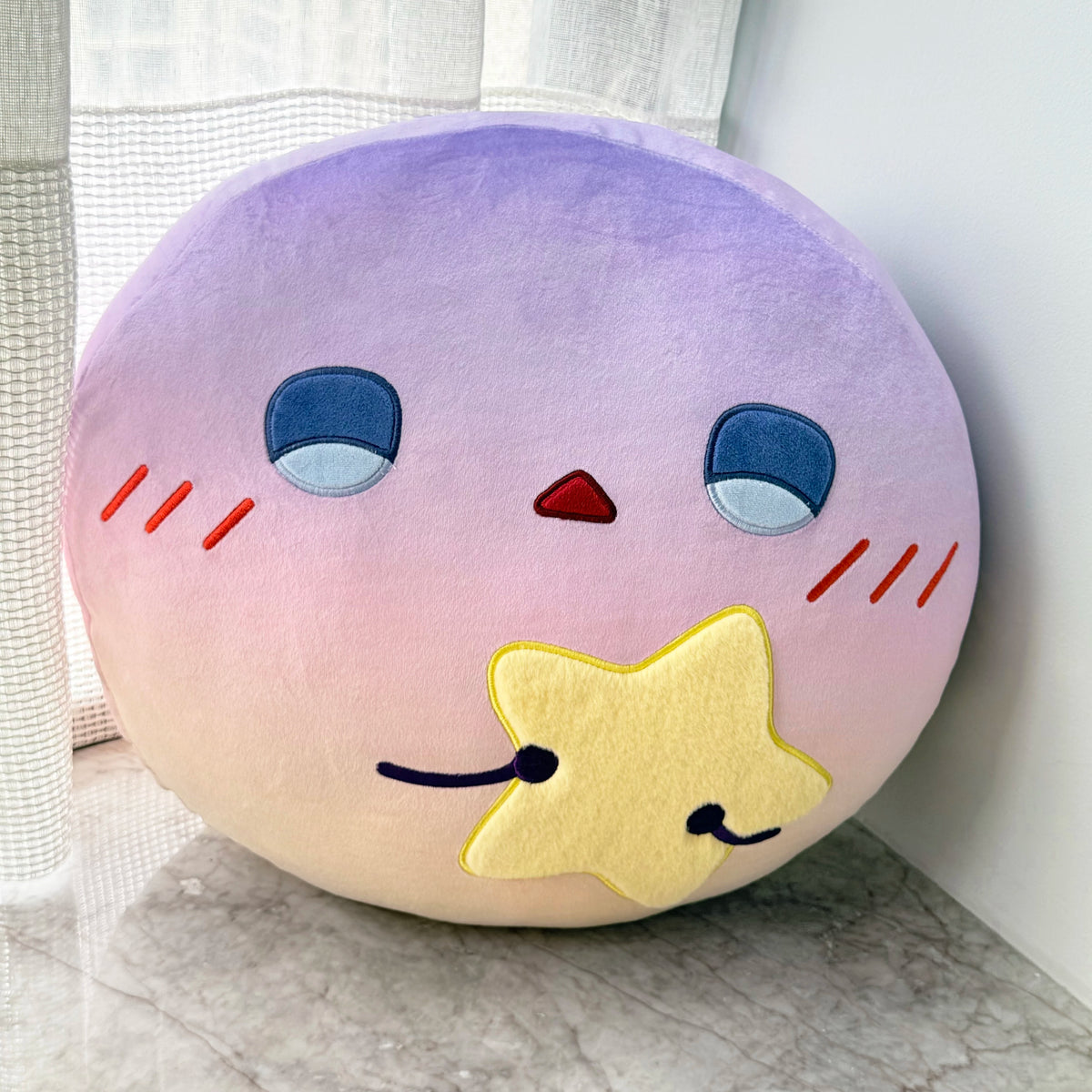 Love and Deepspace 15.75 inch emotion plush pillow blue and white happy face biting a star
