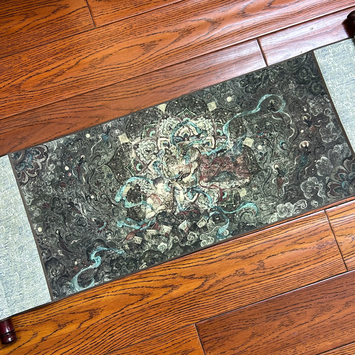 Love and Deepspace Rafayel silk scroll wall art green colorway laid flat