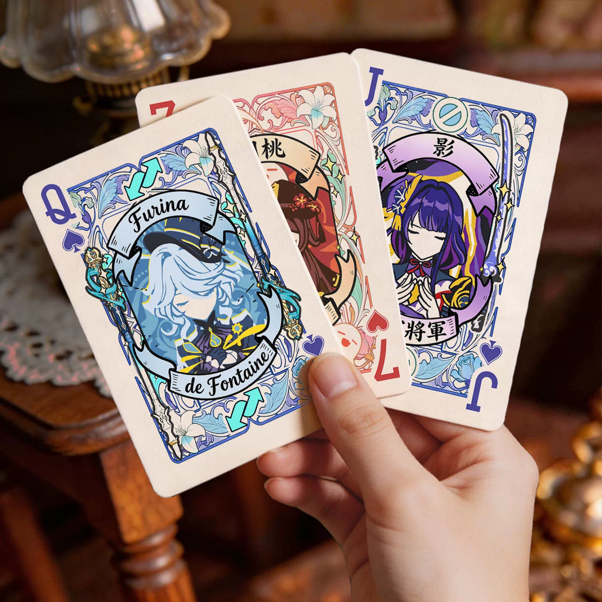 Genshin Impact fan-made playing cards Furina court cards fanned in hand