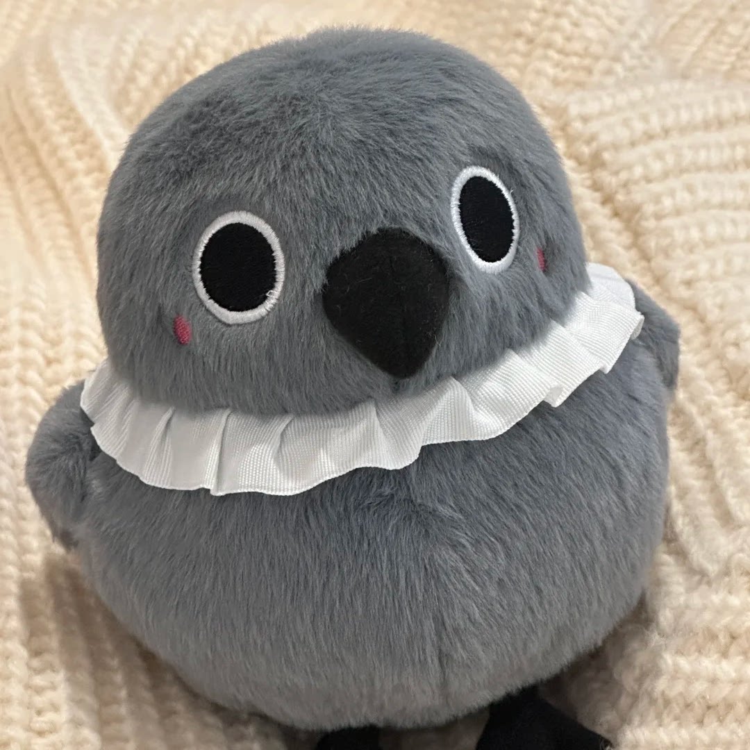 Love and Deepspace Mephisto bird plush with white ruffled collar, front view