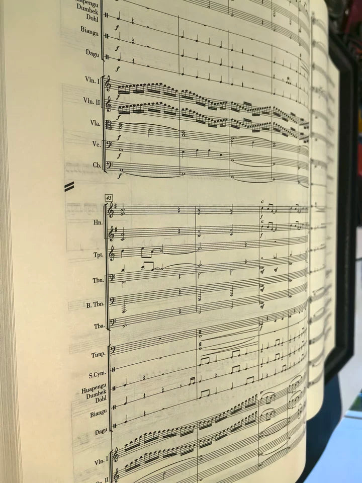 Black Myth Wukong score book close view of printed orchestral notation