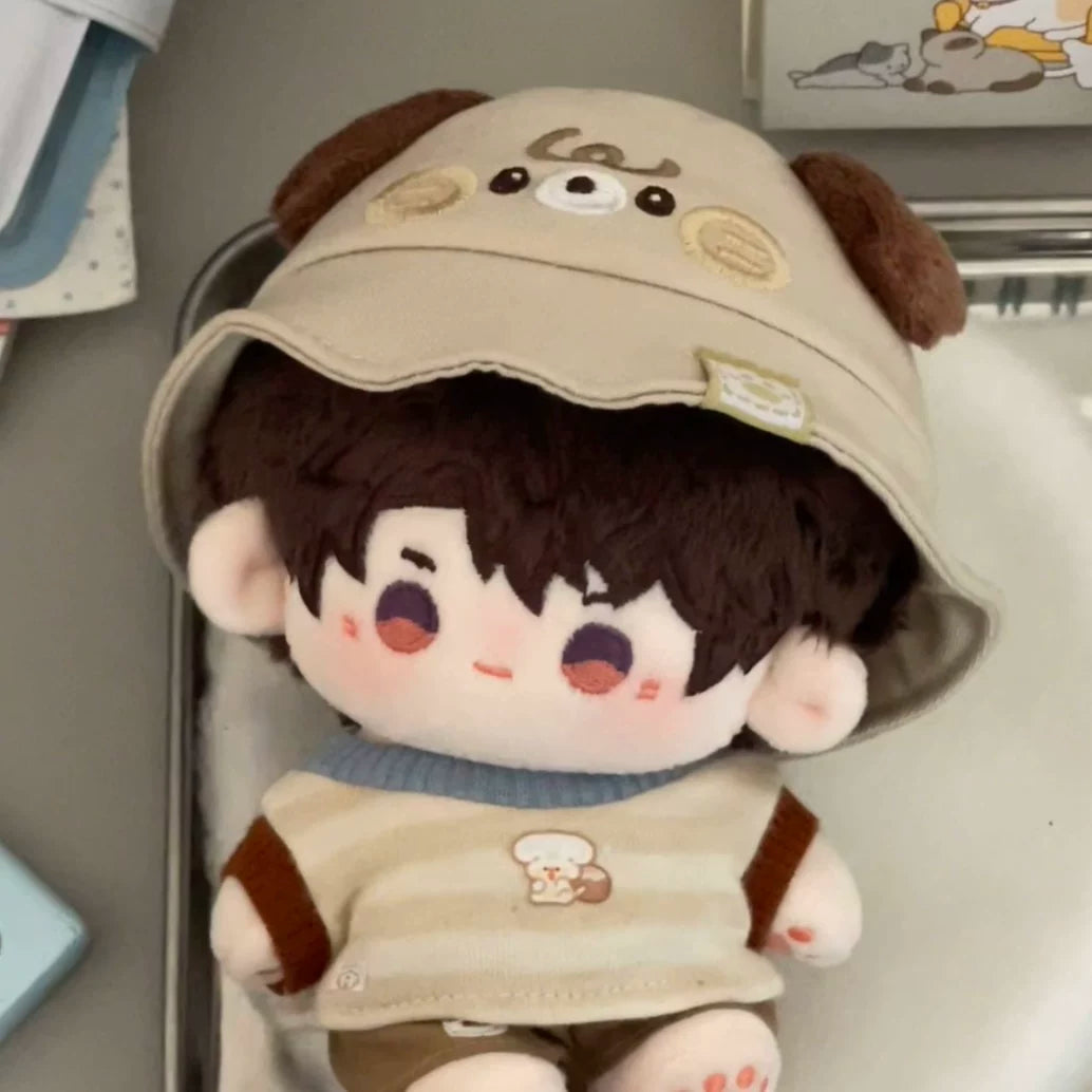 Love and Deepspace bead-eye plush doll brown hair wearing puppy cap and striped shirt