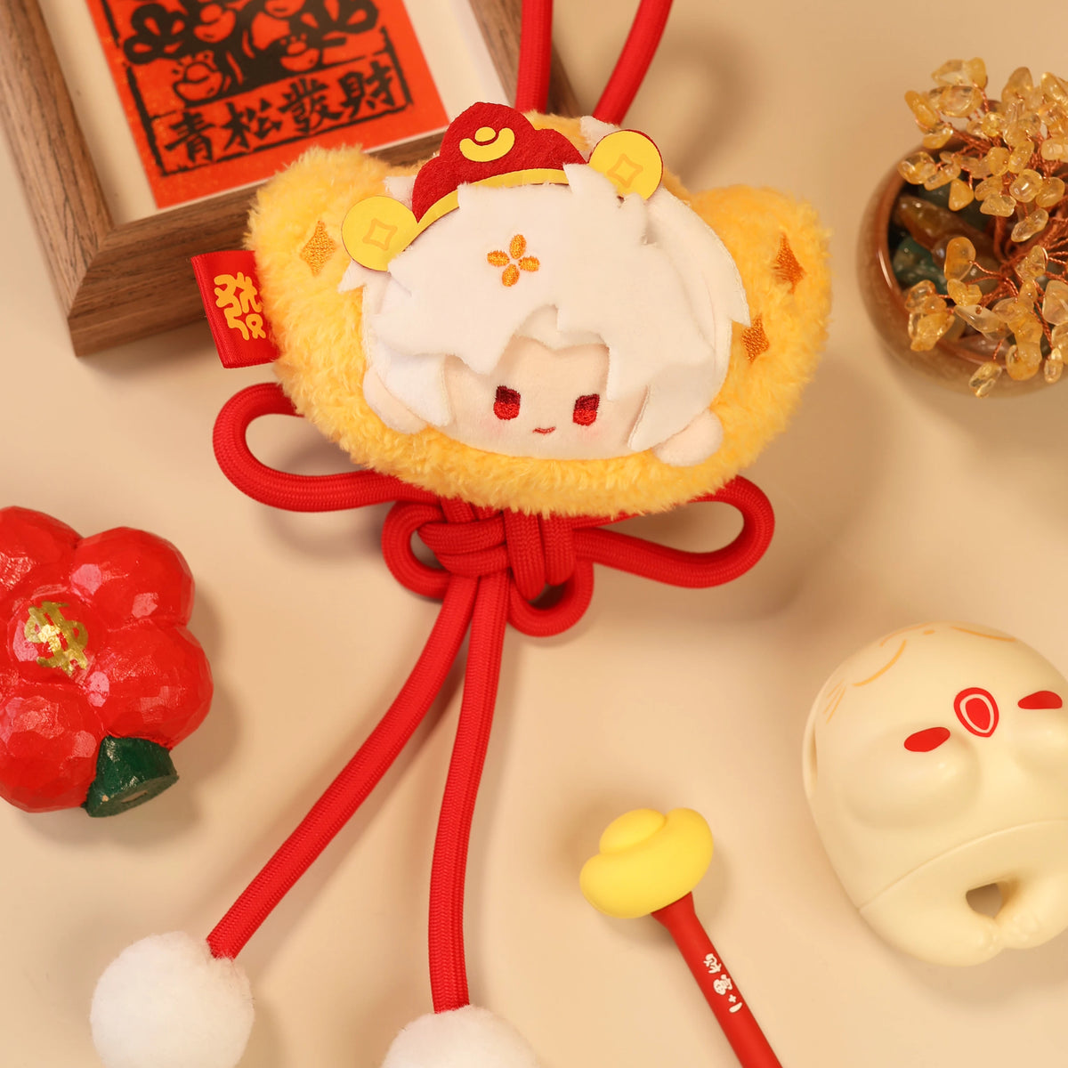Love and Deepspace lucky fortune plush charm white hair in gold ingot with Chinese knot