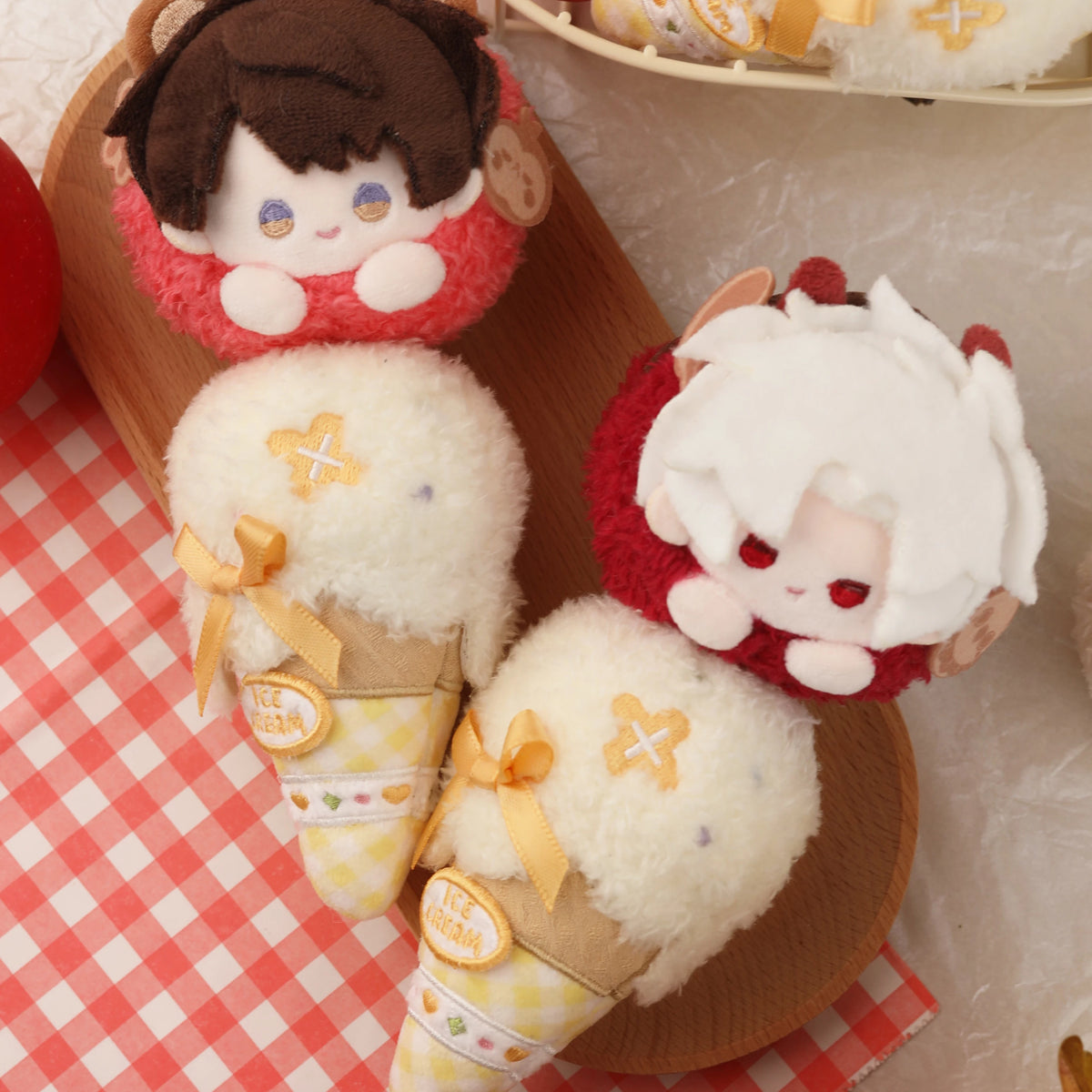 Love and Deepspace magnetic ice cream plush charms brown and white haired pair on tray