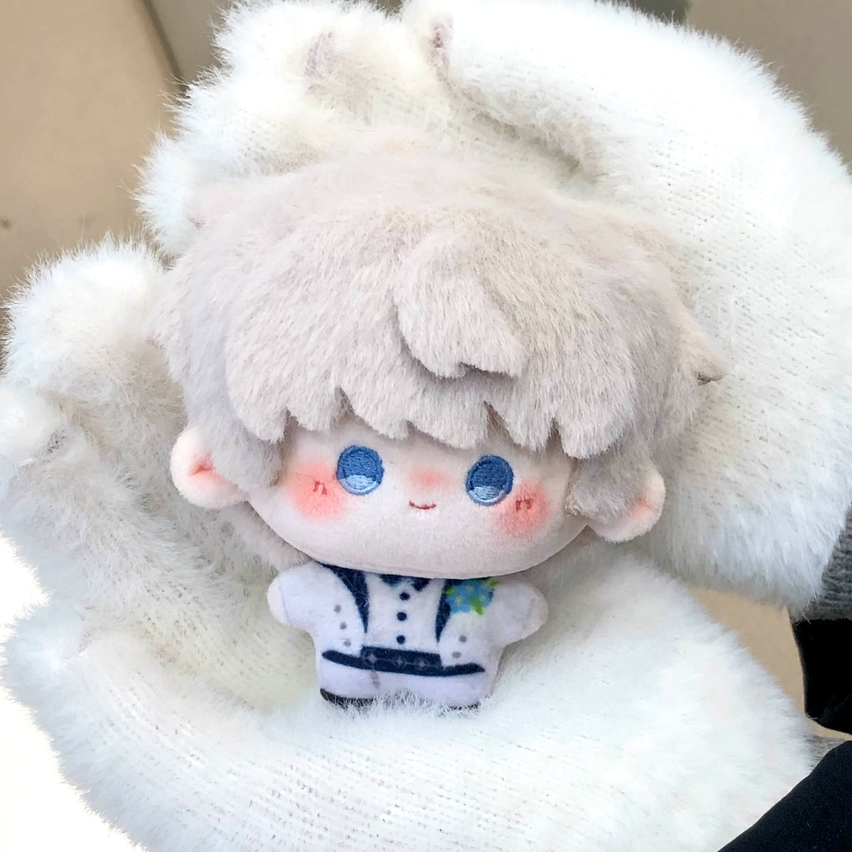 Love and Deepspace Printed plush doll white hair sitting on white fur