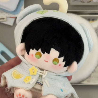 Love and Deepspace bead-eye plush doll black hair in blue jacket, close view