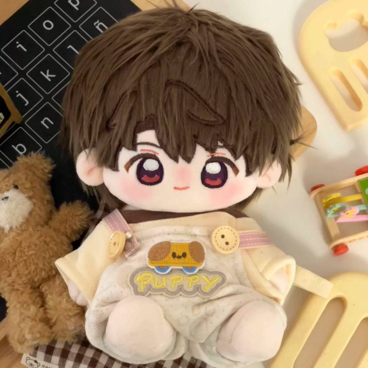 Love and Deepspace 7.87 inch Caleb plush doll front view in puppy overalls