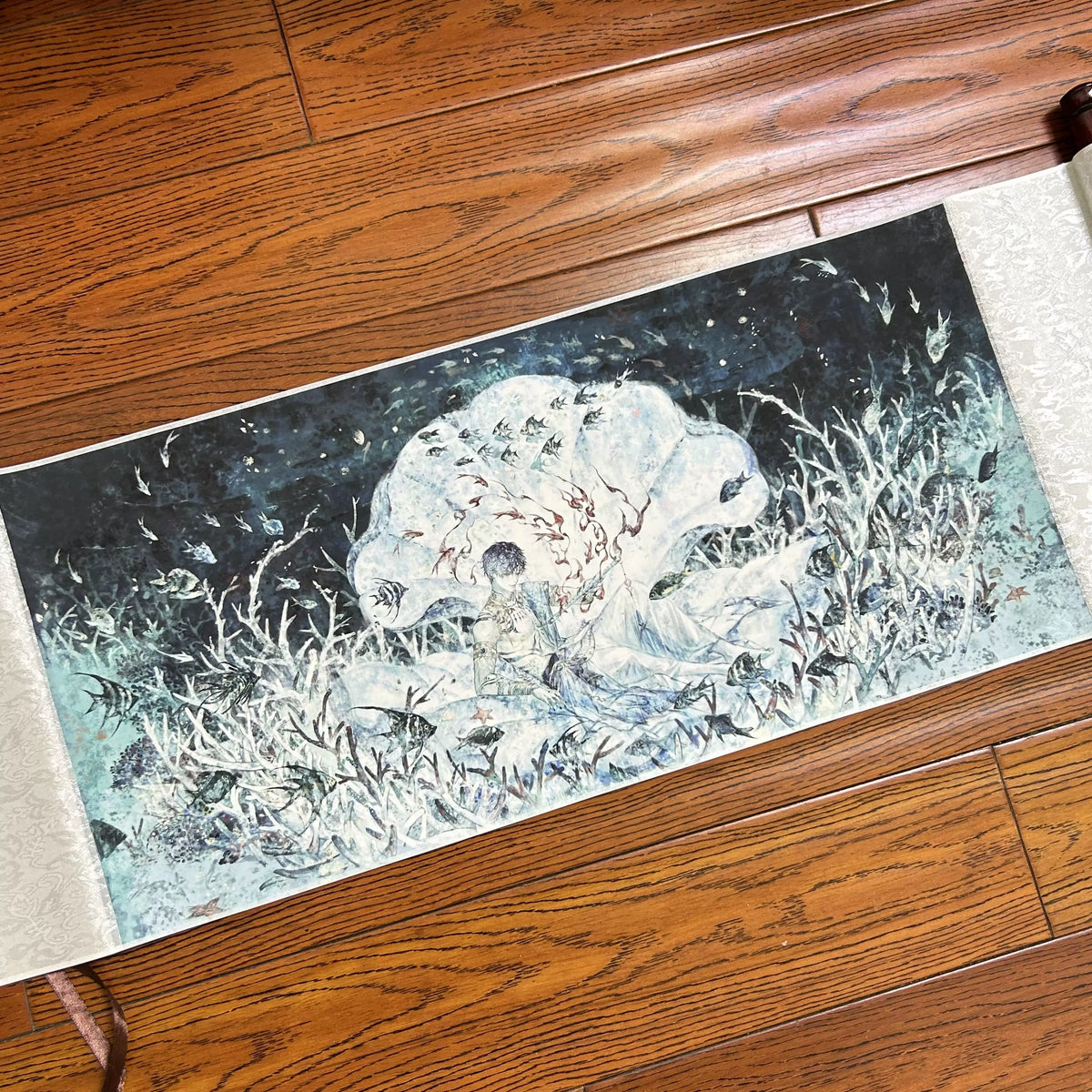 Love and Deepspace Rafayel silk scroll wall art blue colorway laid flat