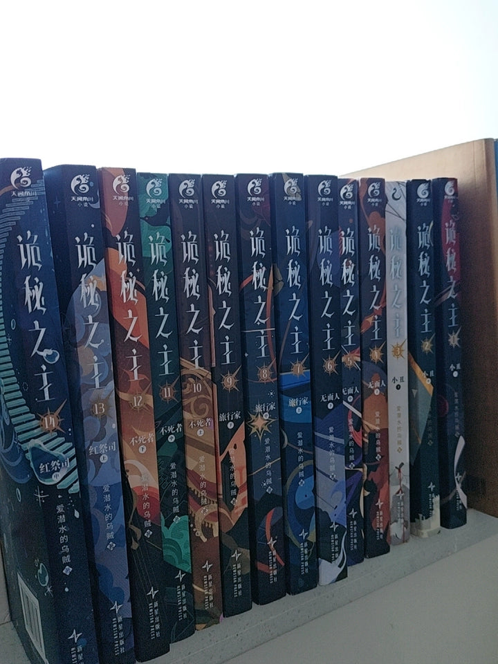 Lord of the Mysteries Chinese novels seventeen blue spines lined on shelf