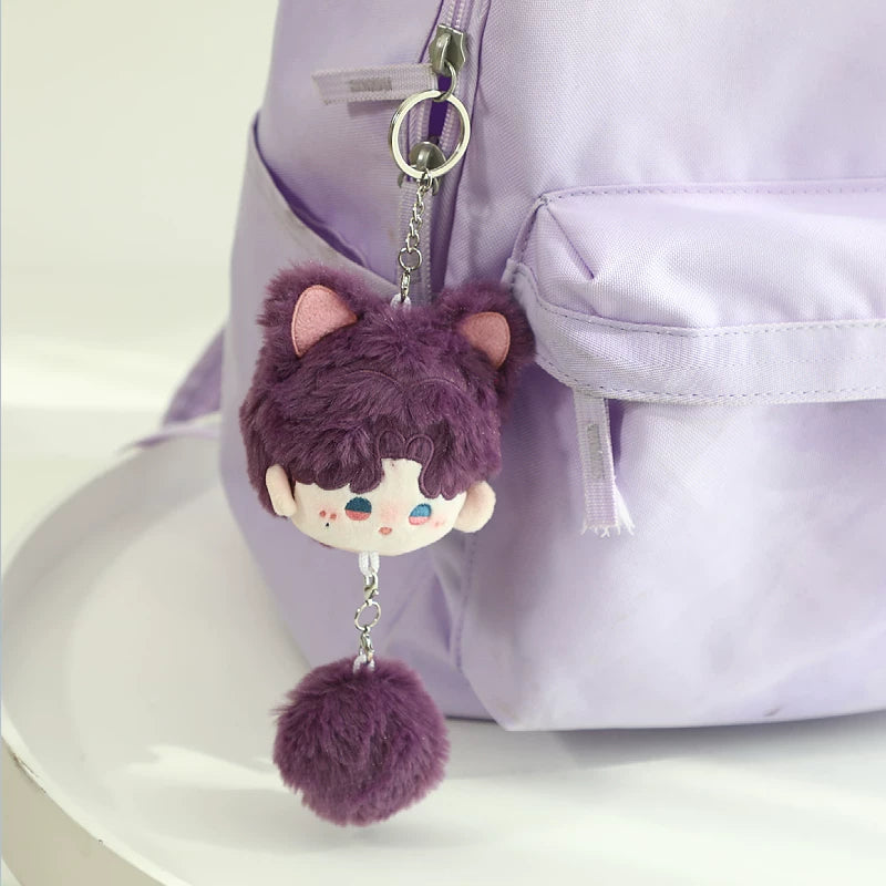 Love and Deepspace Pom-Pom plush charm purple hair with pom-pom hanging on bag