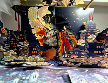 TGCF pop-up book layered shrine scene with Hua Cheng and Xie Lian