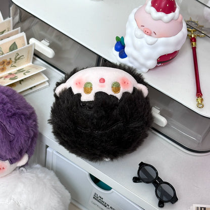 Love and Deepspace round plush doll charm back view of fluffy black hair
