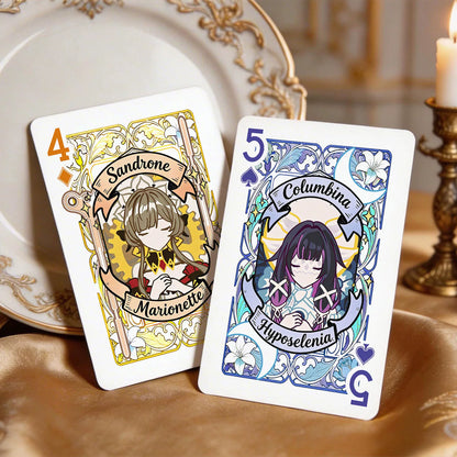Genshin Impact fan-made playing cards Sandrone and Columbina held in hand