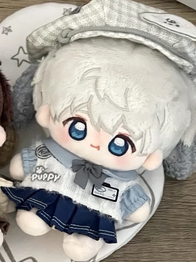 Love and Deepspace Embroidered plush doll white hair in cat-ear hood navy outfit