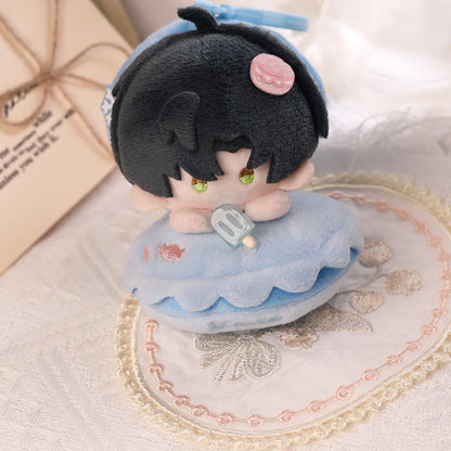 Love and Deepspace hug sandwich plush doll black hair in blue frill bun with popsicle