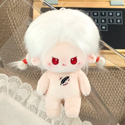 Love and Deepspace Tousled-Hair plush doll white hair red eyes with red ornaments close-up