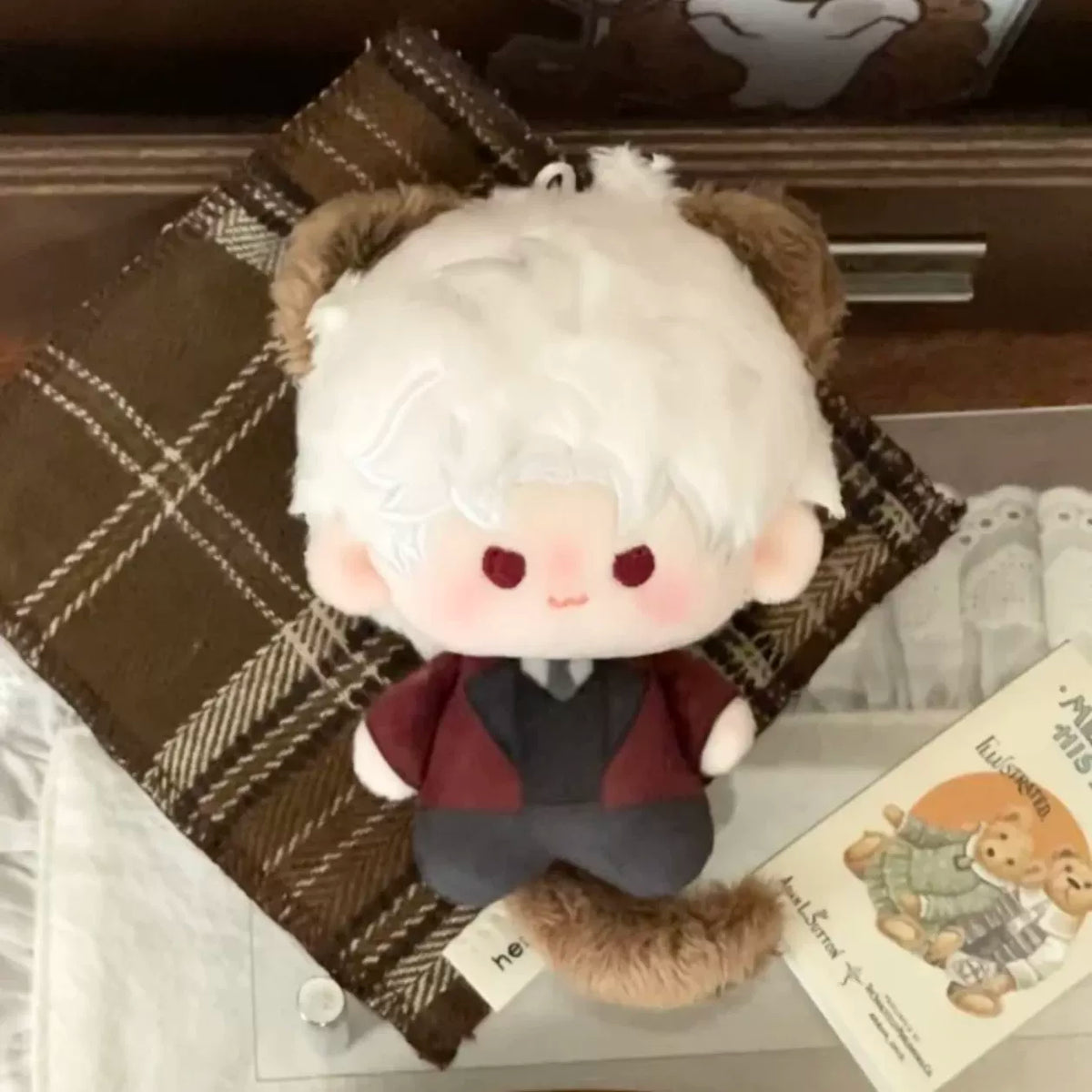 Love and Deepspace cat card plush charm white-haired cat in burgundy jacket