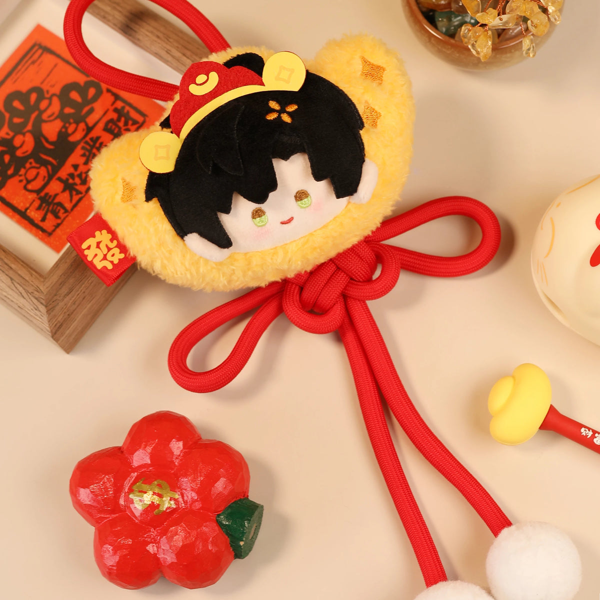 Love and Deepspace lucky fortune plush charm black hair in gold ingot with hat