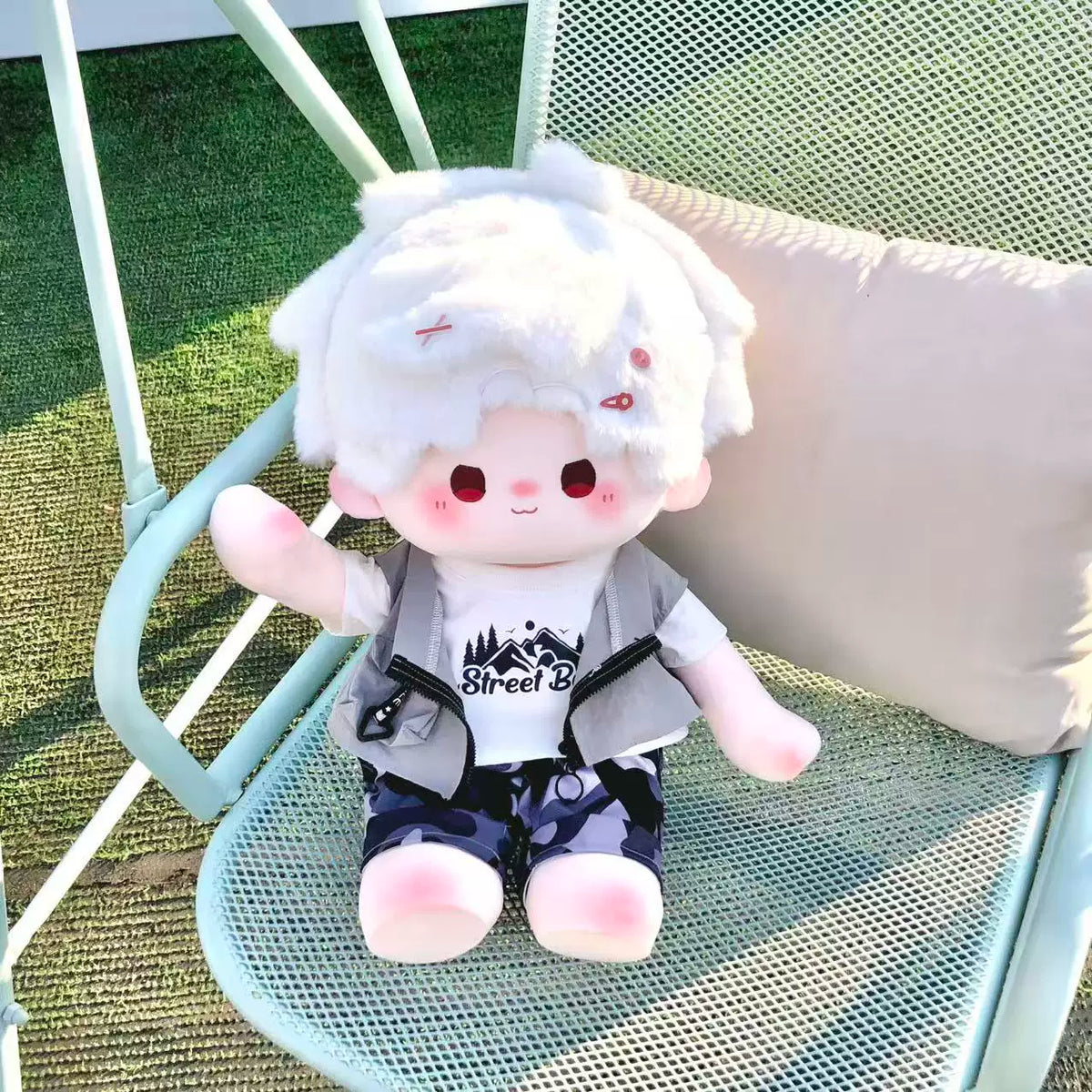 Love and Deepspace 19.69 inch standing plush doll white hair in tee and denim vest