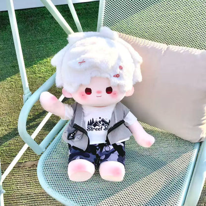 Love and Deepspace 19.69 inch standing plush doll white hair in tee and denim vest