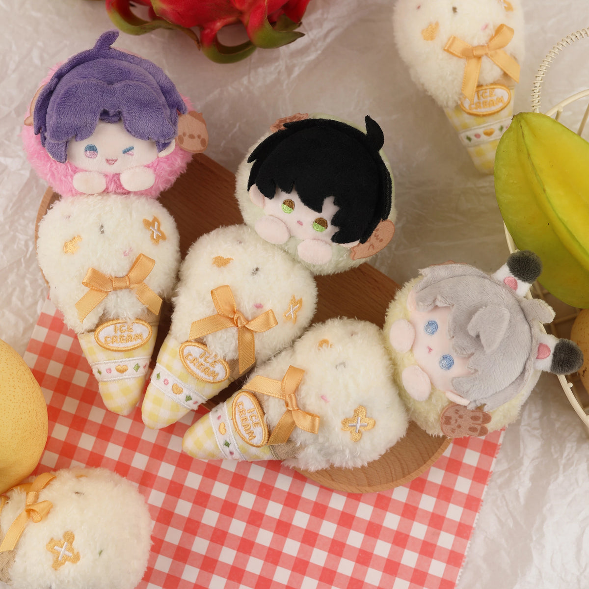 Love and Deepspace magnetic ice cream plush charms four designs on gingham cloth