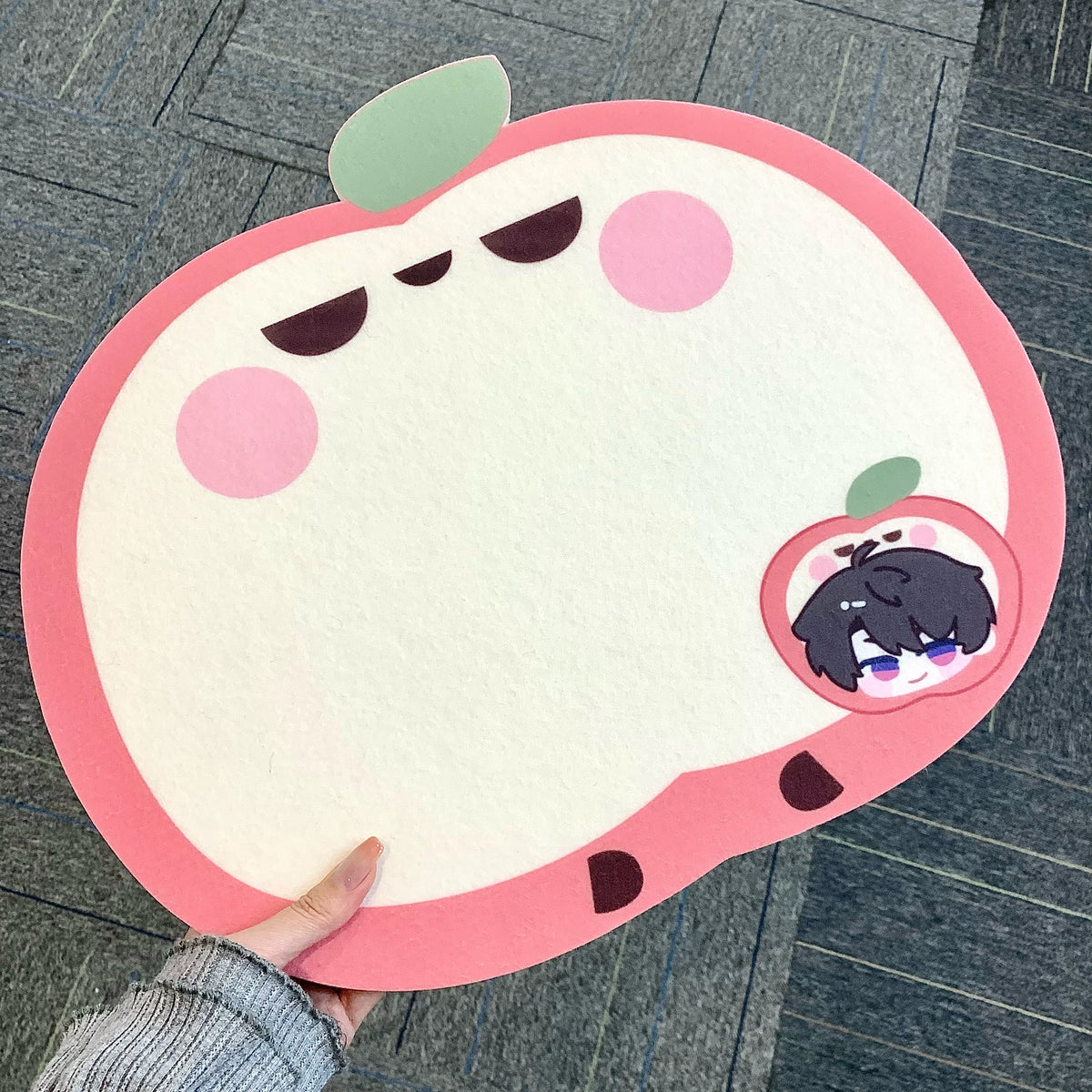 Love and Deepspace Character Felt Display Board apple shape pink with green leaf and chibi badge