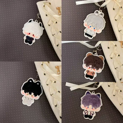 Xavier, Rafayel, Zayne, Sylus, and Caleb plush charms attached to a bag