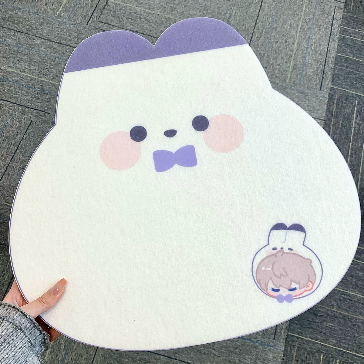 Love and Deepspace Character Felt Display Board cat shape lavender trim with bow-tie chibi badge
