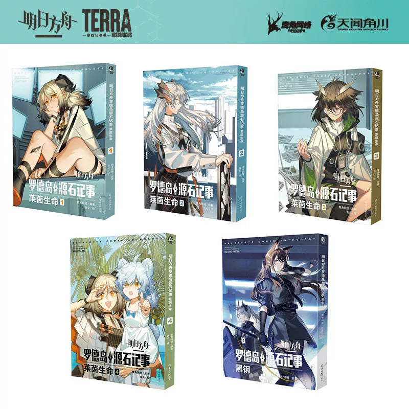 Arknights Originum Records manga five volume covers on white background