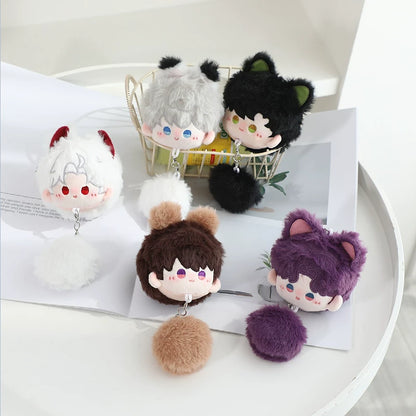 Love and Deepspace Pom-Pom plush charms five character heads displayed together