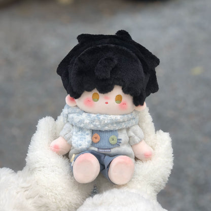 Love and Deepspace Manman-Body plush doll black hair sitting on white fur outdoors