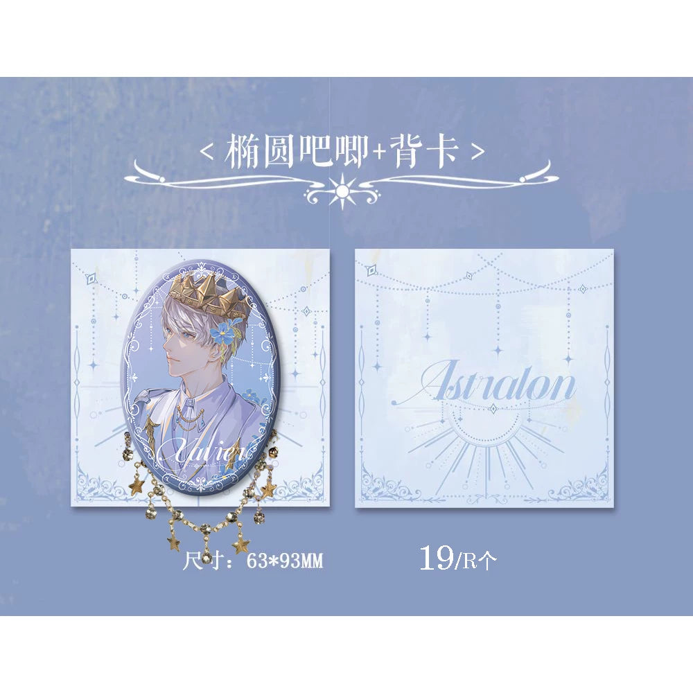 Love and Deepspace Xavier Astralon pin button design preview with crown and blue flowers