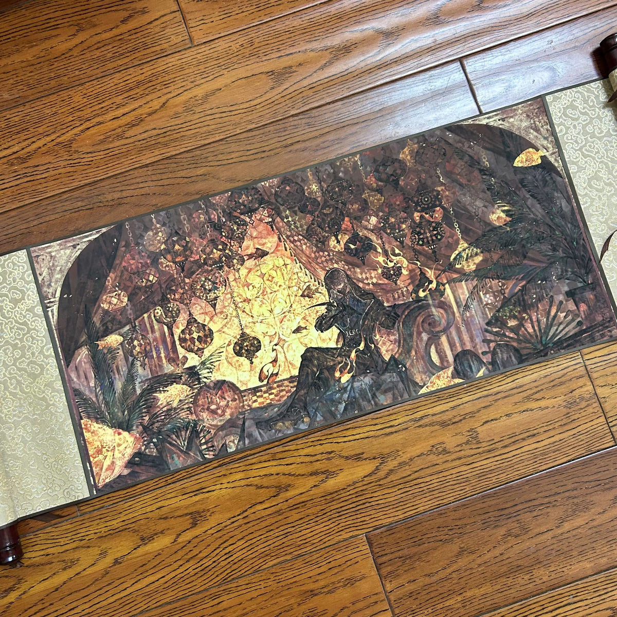 Love and Deepspace Rafayel silk scroll wall art gold colorway laid flat