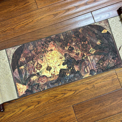 Love and Deepspace Rafayel silk scroll wall art gold colorway laid flat