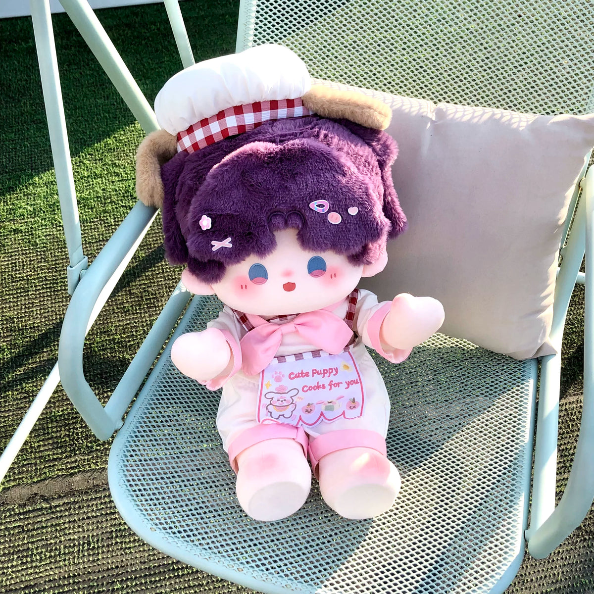 Love and Deepspace 19.69 inch standing plush doll purple hair in pink apron and cap
