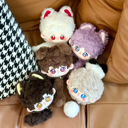 Love and Deepspace tail bun plush dolls five colorways on a sofa