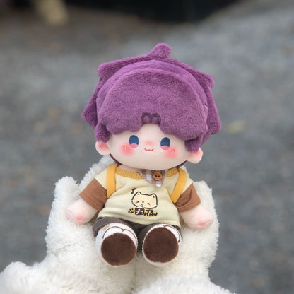 Love and Deepspace Manman-Body plush doll purple hair sitting on white fur outdoors