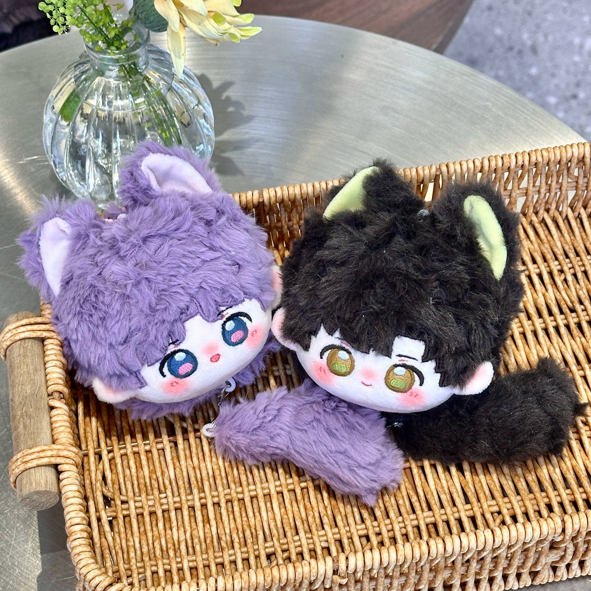Love and Deepspace tail bun plush dolls purple and black hair pair in a basket