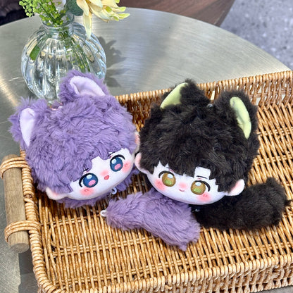 Love and Deepspace tail bun plush dolls purple and black hair pair in a basket
