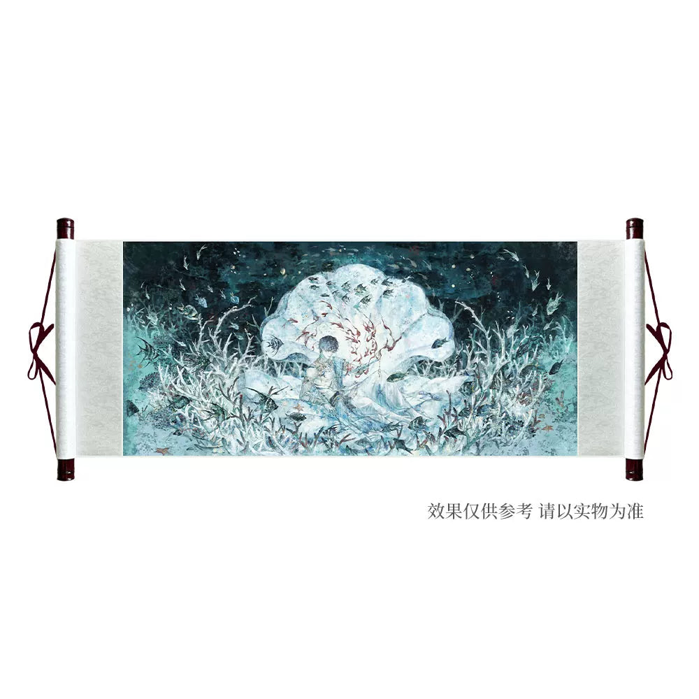 Love and Deepspace Rafayel silk scroll wall art blue colorway hanging preview
