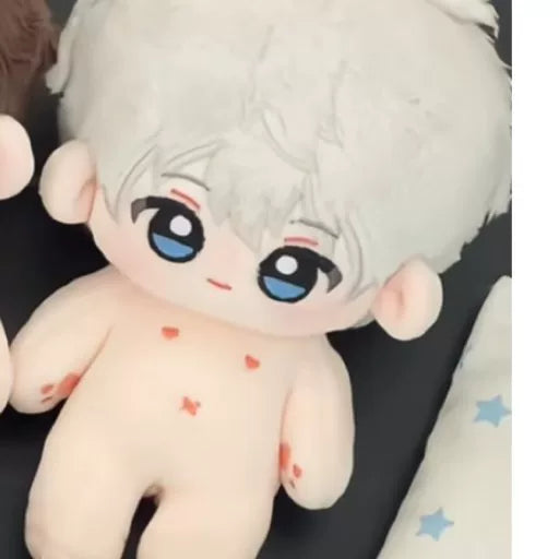 Love and Deepspace bare plush doll white hair and blue eyes lying on star-printed sheet
