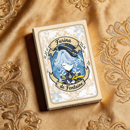 Genshin Impact fan-made playing cards Furina deck stacked on gold cloth