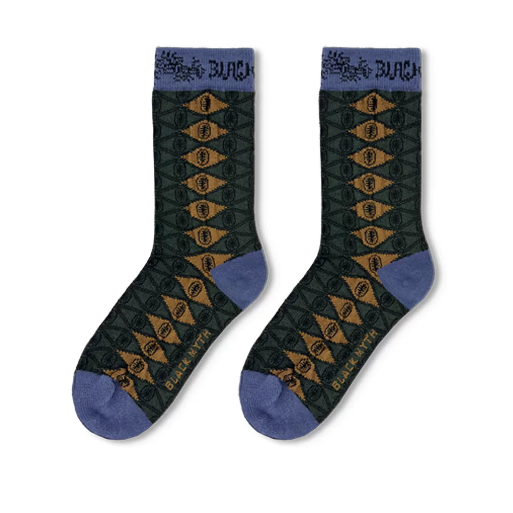 Black Myth: Wukong jacquard ribbed socks blue pair with gold geometric pattern